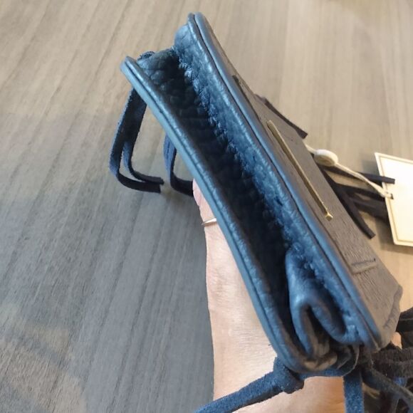 NWT SHIRALEAH Boho Navy Blue Leather Fringe on Sides Snap Purse/Clutch 4 x 7 - Picture 6 of 10